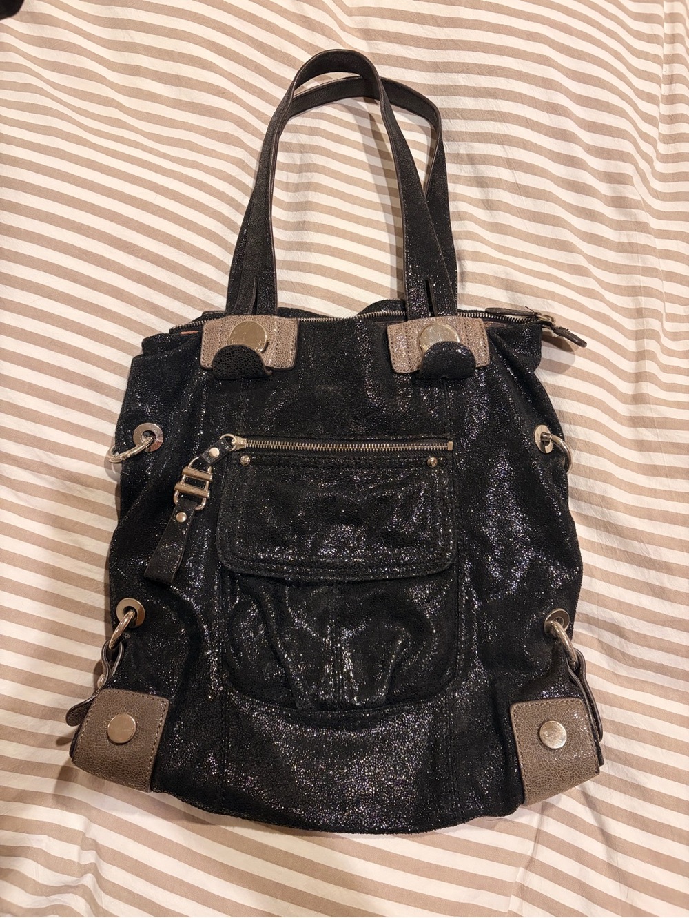 B. Makowsky Vintage Black Metallic Leather Slouchy Moto Shoulder Bag